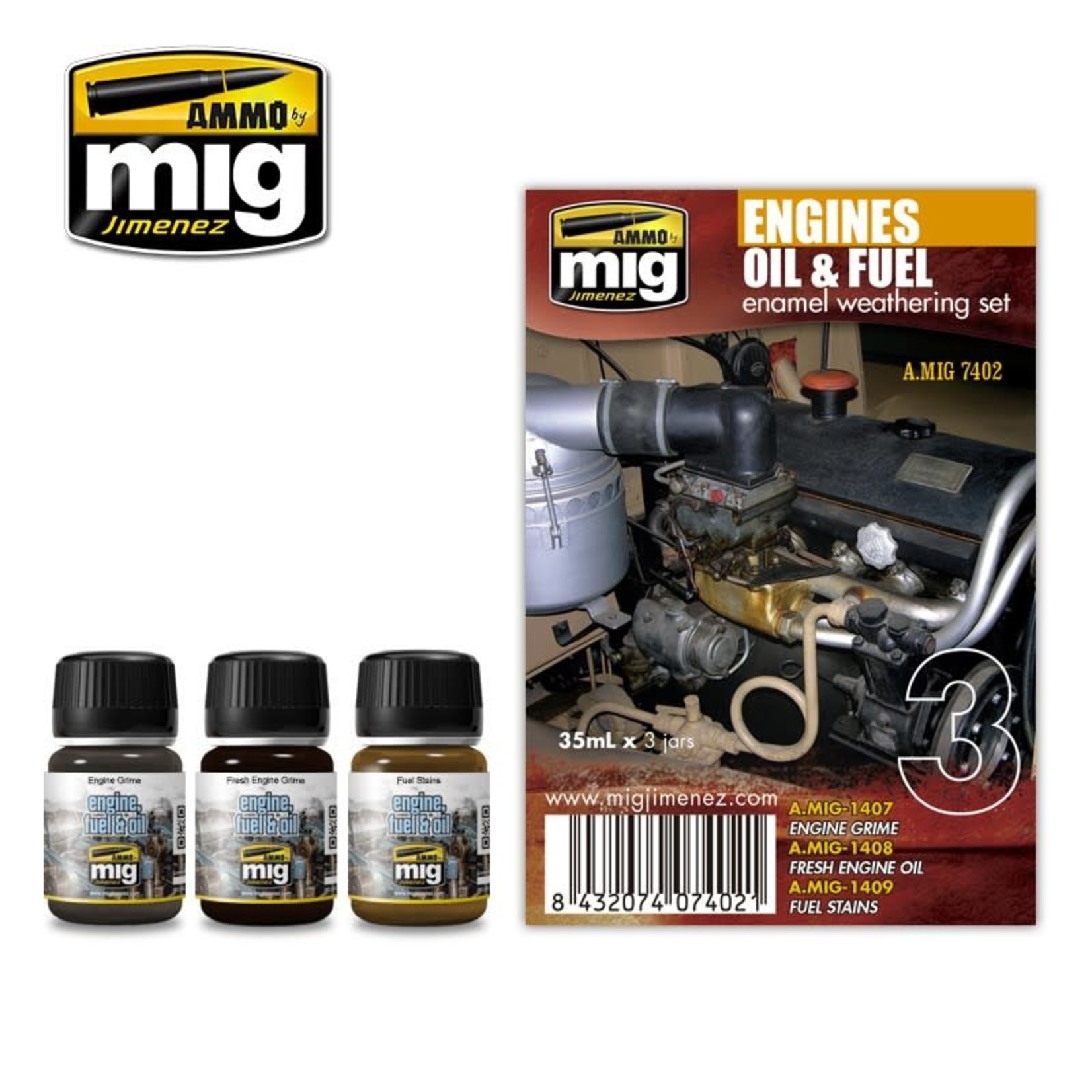 Ammo by Mig Jimenez A.MIG-7402 Engines Oil & Fuel Weathering (3) Set