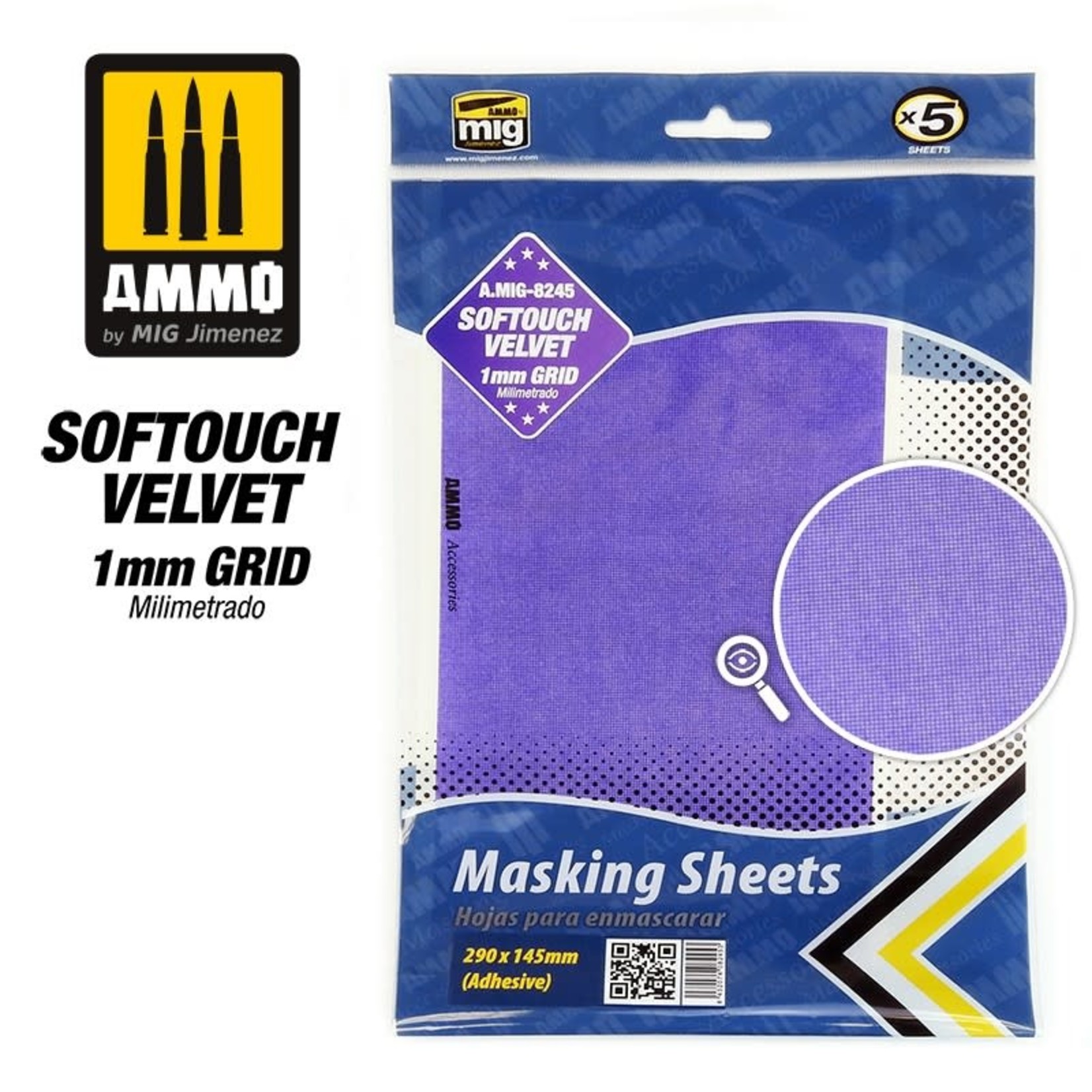 Ammo by Mig Jimenez A.MIG-8245 Softouch Velvet Adhesive Masking Sheets with 1mm Grid, 290mm x 145mm (5) set