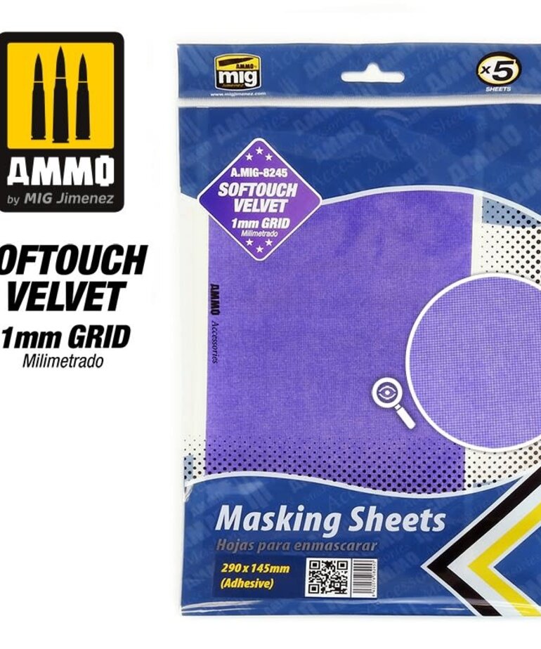 Ammo by Mig Jimenez A.MIG-8245 Softouch Velvet Adhesive Masking Sheets with 1mm Grid, 290mm x 145mm (5) set