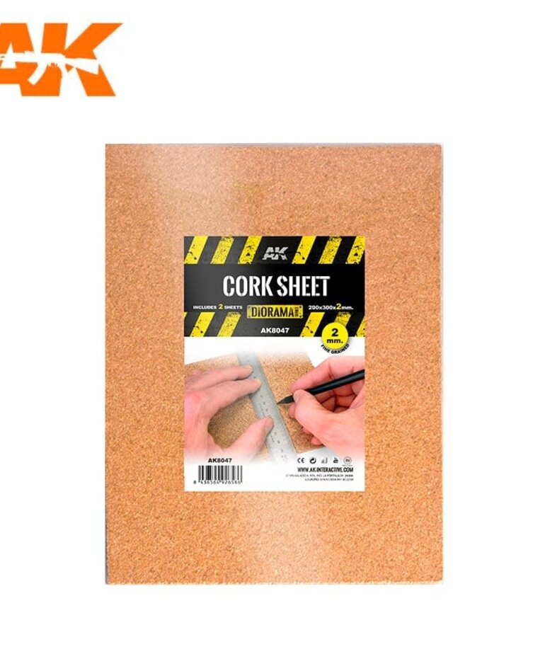 AK Interactive AK8047 Cork Sheets Fine Grained, 200 x 300 x 2mm (2) Set