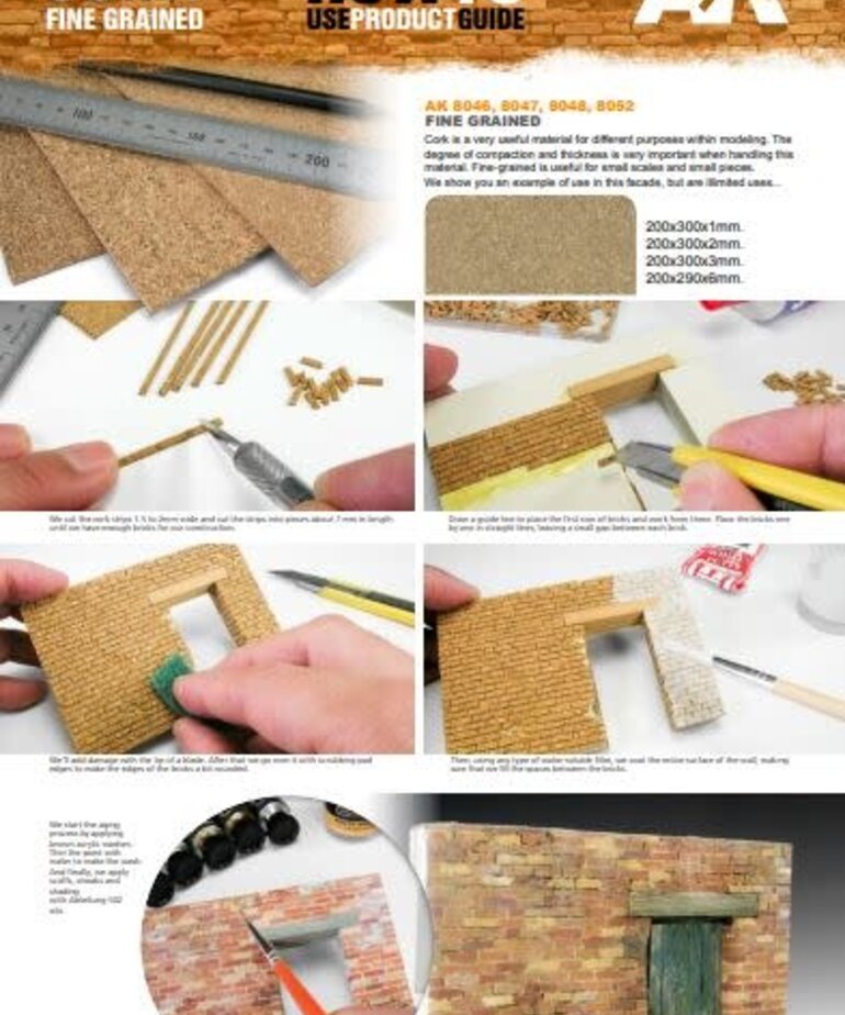 AK Interactive AK8047 Cork Sheets Fine Grained, 200 x 300 x 2mm (2) Set