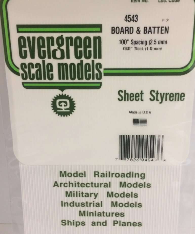 Evergreen Scale Models Evergreen 4543 - .100" X 6" X 12" OPAQUE WHITE POLYSTYRENE BOARD AND BATTEN SIDING (1) SHEET