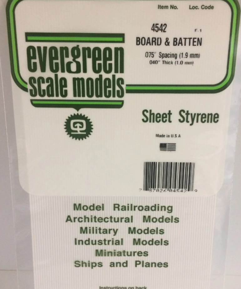 Evergreen Scale Models Evergreen 4542 - .075" X 6" X 12" OPAQUE WHITE POLYSTYRENE BOARD AND BATTEN SIDING (1) SHEET