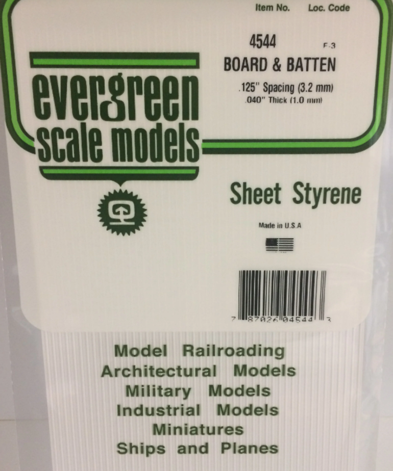 Evergreen Scale Models Evergreen 4544 - .125" X 6" X 12" OPAQUE WHITE POLYSTYRENE BOARD AND BATTEN SIDING (1) SHEET