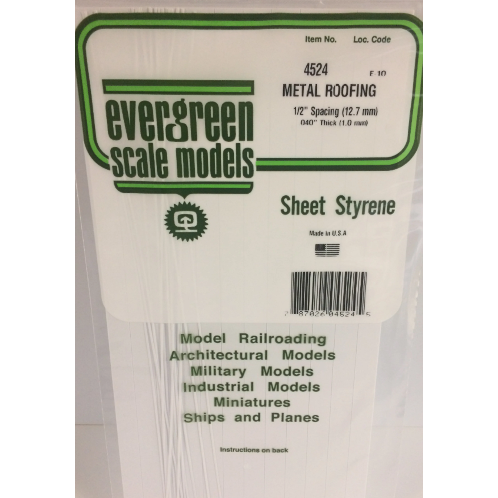 Evergreen Scale Models Evergreen 4524 - .040" X .500 X 6" X 12" OPAQUE WHITE POLYSTYRENE STANDING SEAM ROOFING (1) SHEET