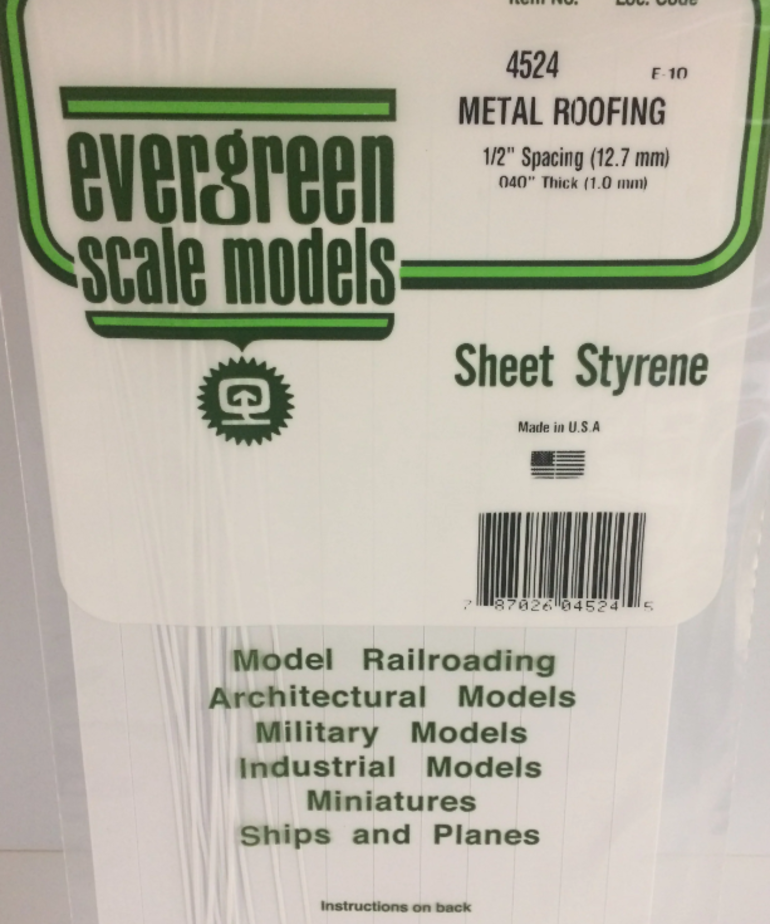 Evergreen Scale Models Evergreen 4524 - .040" X .500 X 6" X 12" OPAQUE WHITE POLYSTYRENE STANDING SEAM ROOFING (1) SHEET