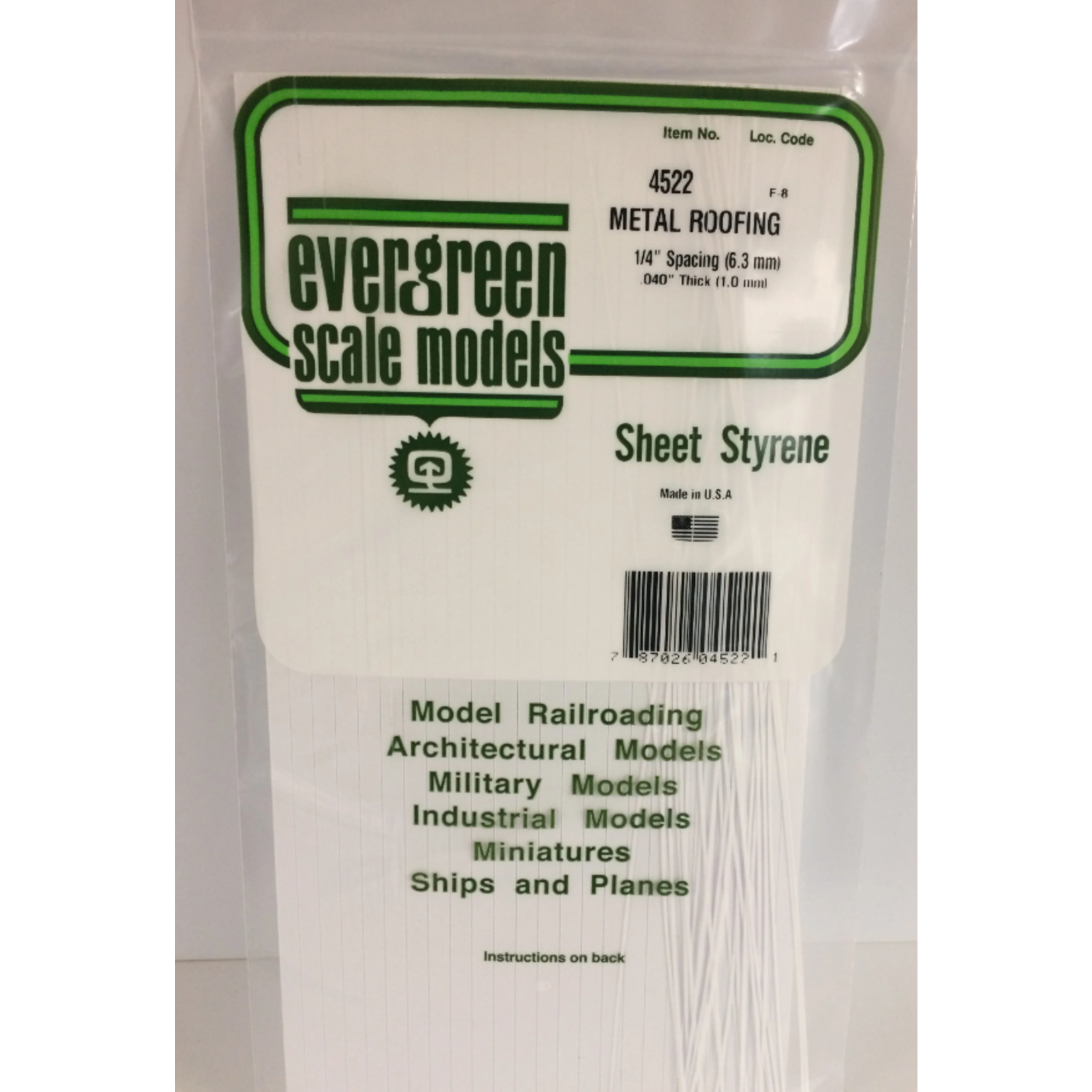Evergreen Scale Models Evergreen 4522 - .040" X .250 X 6" X 12" OPAQUE WHITE POLYSTYRENE STANDING SEAM ROOFING (1) SHEET