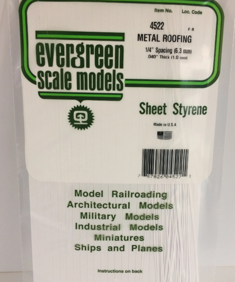 Evergreen Scale Models Evergreen 4522 - .040" X .250 X 6" X 12" OPAQUE WHITE POLYSTYRENE STANDING SEAM ROOFING (1) SHEET
