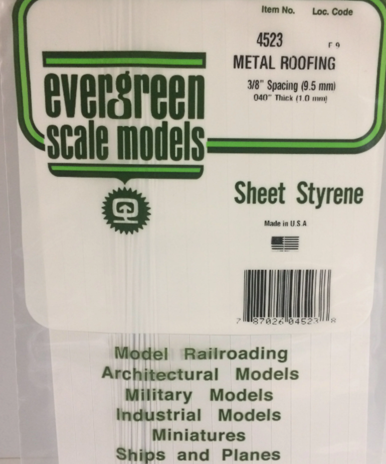 Evergreen Scale Models Evergreen 4523 - .040" X .375 X 6" X 12" OPAQUE WHITE POLYSTYRENE STANDING SEAM ROOFING (1) SHEET