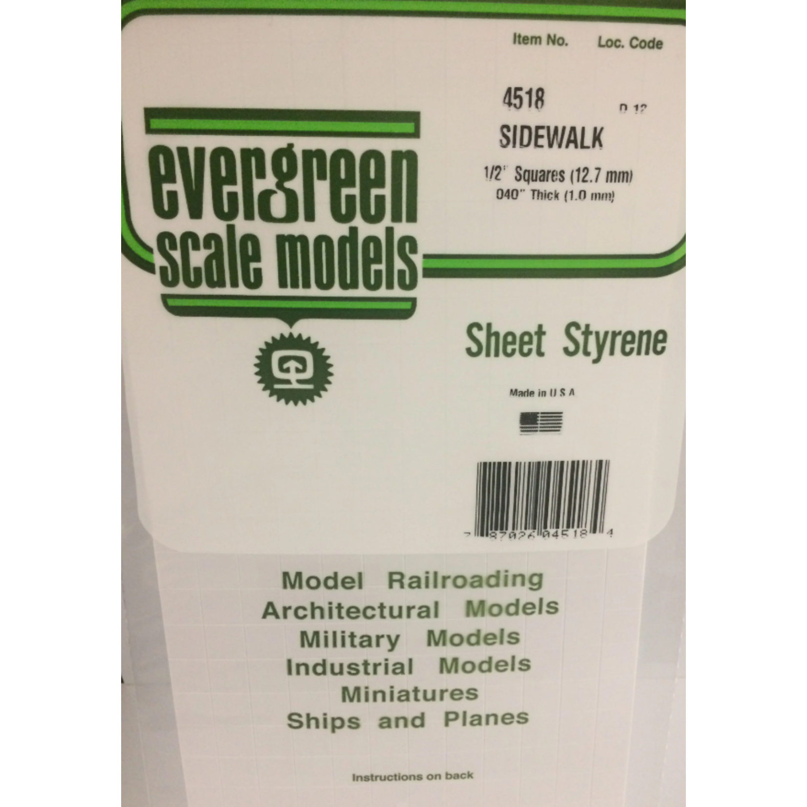 Evergreen Scale Models Evergreen 4518 - 1/2" X 1/2" X 6" X 12" OPAQUE WHITE POLYSTYRENE SIDEWALK (1) SHEET
