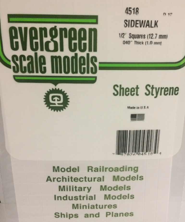 Evergreen Scale Models Evergreen 4518 - 1/2" X 1/2" X 6" X 12" OPAQUE WHITE POLYSTYRENE SIDEWALK (1) SHEET