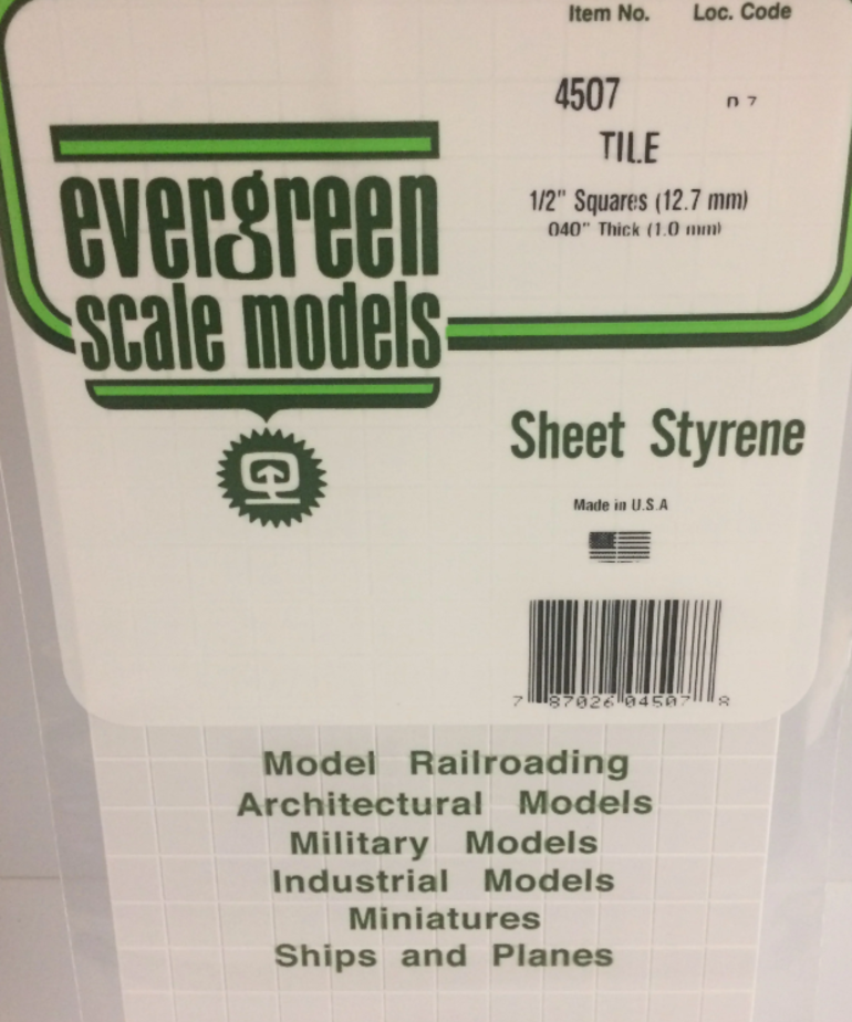 Evergreen Scale Models Evergreen 4507 - 1/2" X 1/2" X 6" X 12" OPAQUE WHITE POLYSTYRENE SQUARE TILE (1) SHEET