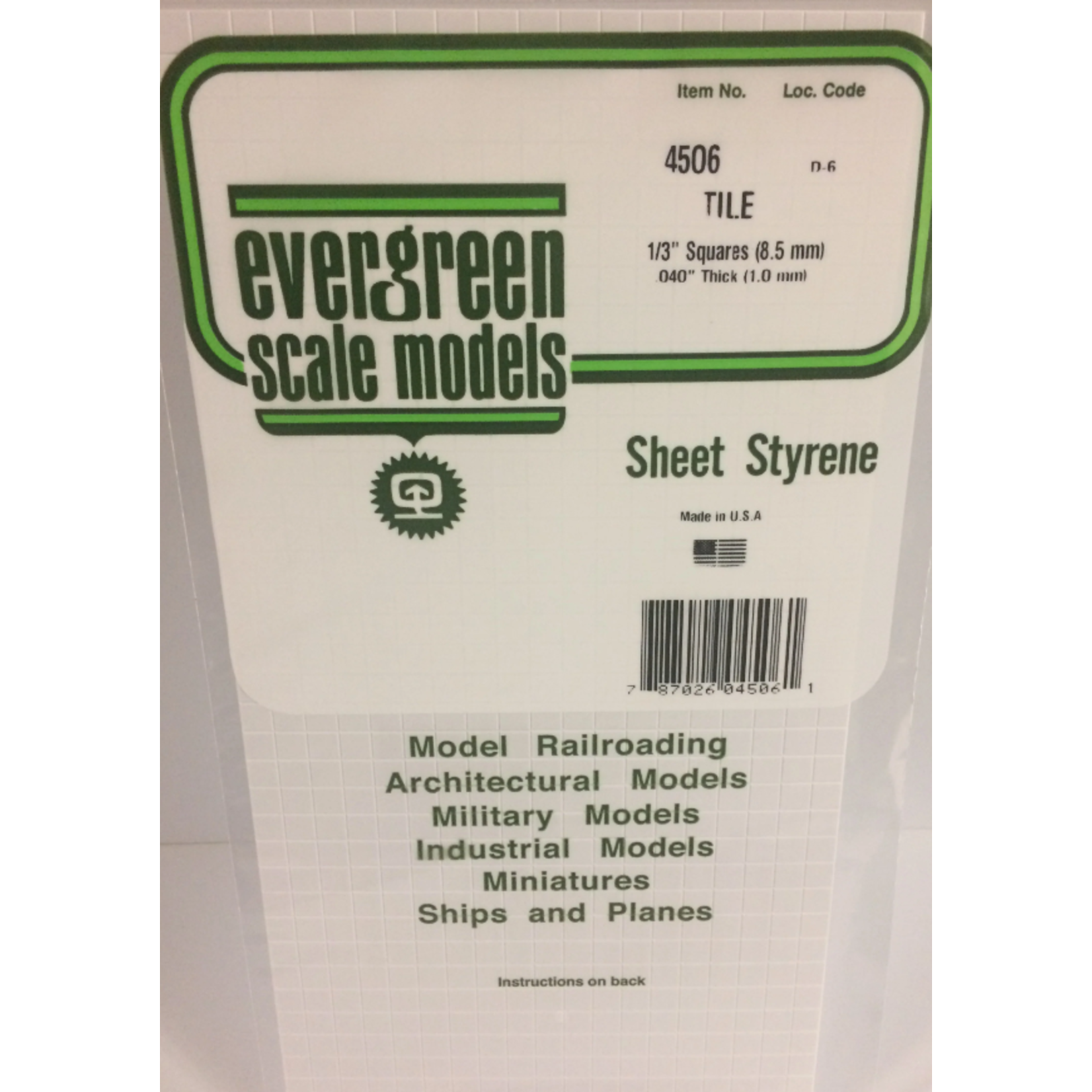 Evergreen Scale Models Evergreen 4506 - 1/3" X 1/3" X 6" X 12" OPAQUE WHITE POLYSTYRENE SQUARE TILE (1) SHEET