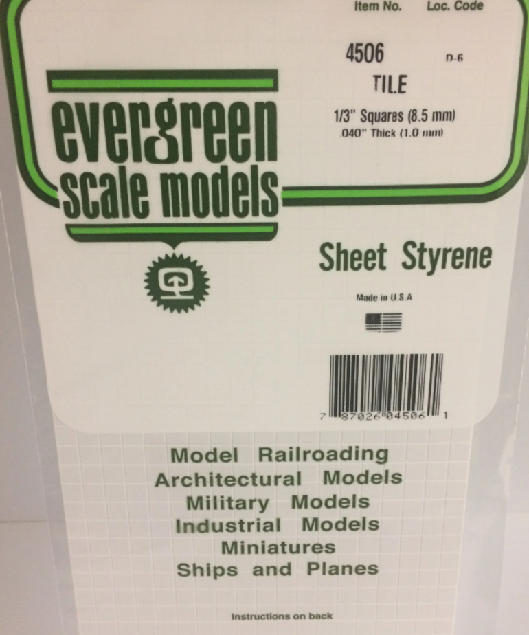 Evergreen Scale Models Evergreen 4506 - 1/3" X 1/3" X 6" X 12" OPAQUE WHITE POLYSTYRENE SQUARE TILE (1) SHEET
