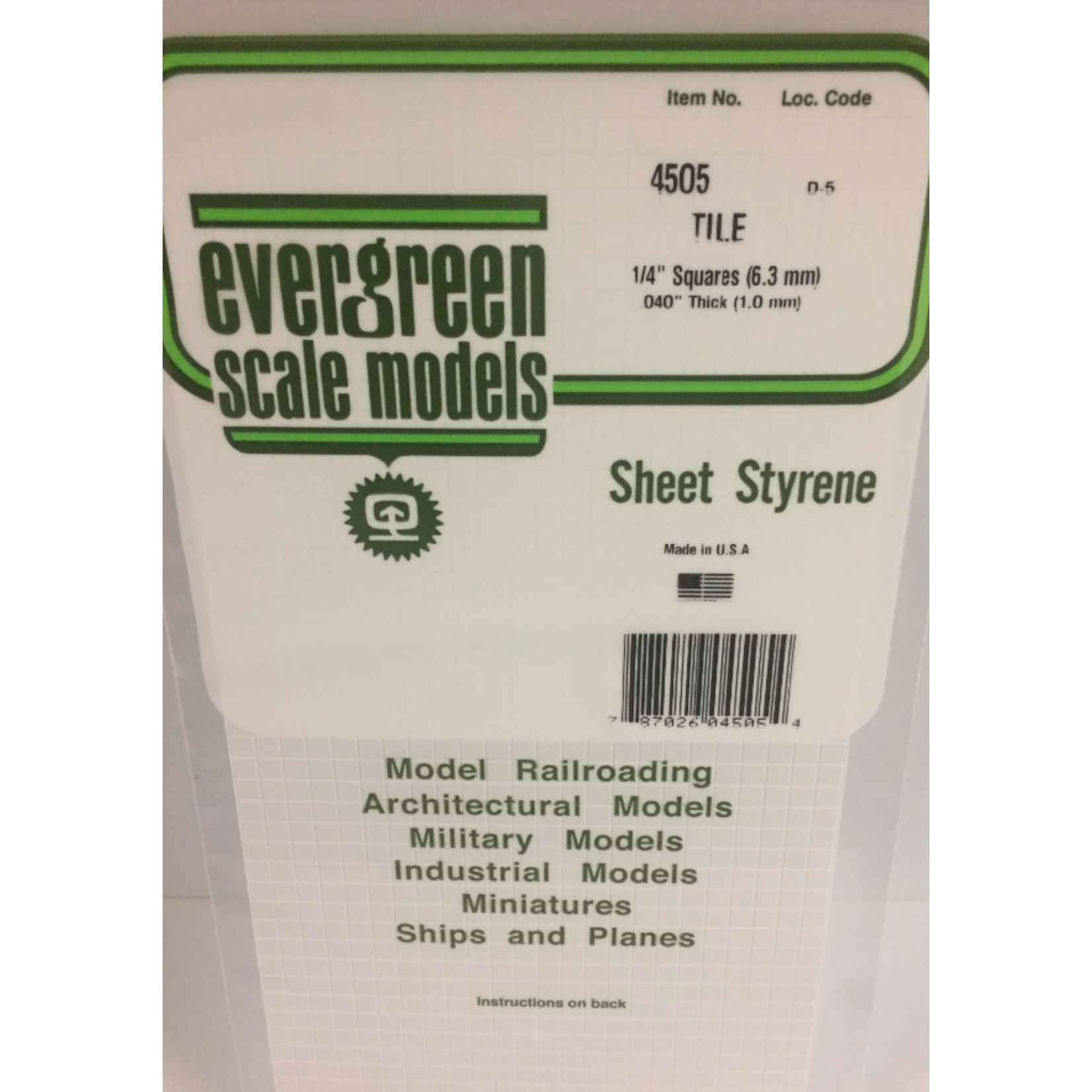 Evergreen Scale Models Evergreen 4505 - 1/4" X 1/4" X 6" X 12" OPAQUE WHITE POLYSTYRENE SQUARE TILE (1) SHEET