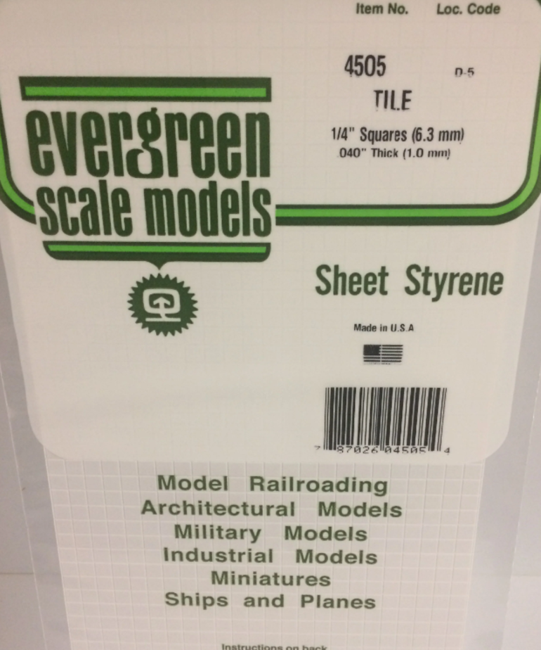 Evergreen Scale Models Evergreen 4505 - 1/4" X 1/4" X 6" X 12" OPAQUE WHITE POLYSTYRENE SQUARE TILE (1) SHEET