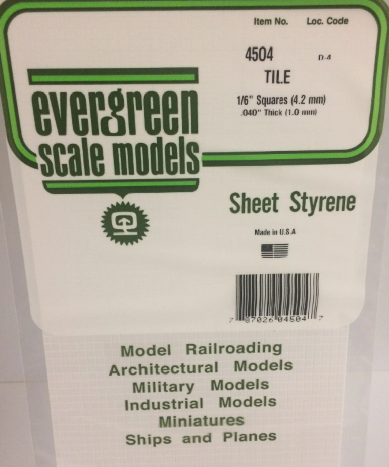 Evergreen Scale Models Evergreen 4504 - 1/6" X 1/6" X 6" X 12" OPAQUE WHITE POLYSTYRENE SQUARE TILE (1) SHEET