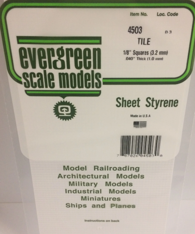 Evergreen Scale Models Evergreen 4503 - 1/8" X 1/8" X 6" X 12" OPAQUE WHITE POLYSTYRENE SQUARE TILE (1) SHEET