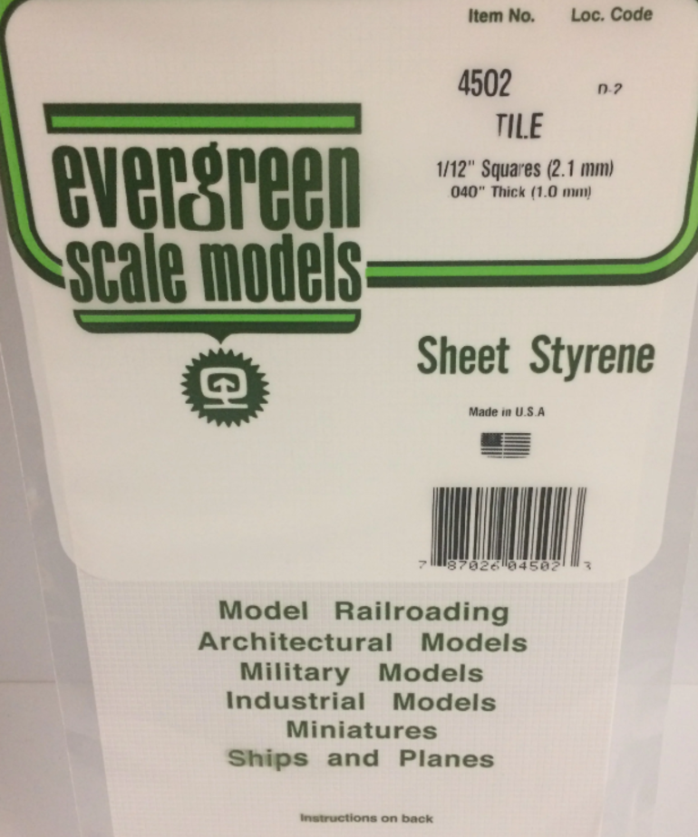 Evergreen Scale Models Evergreen 4502 - 1/12" X 1/12" X 6" X 12" OPAQUE WHITE POLYSTYRENE SQUARE TILE (1) SHEET