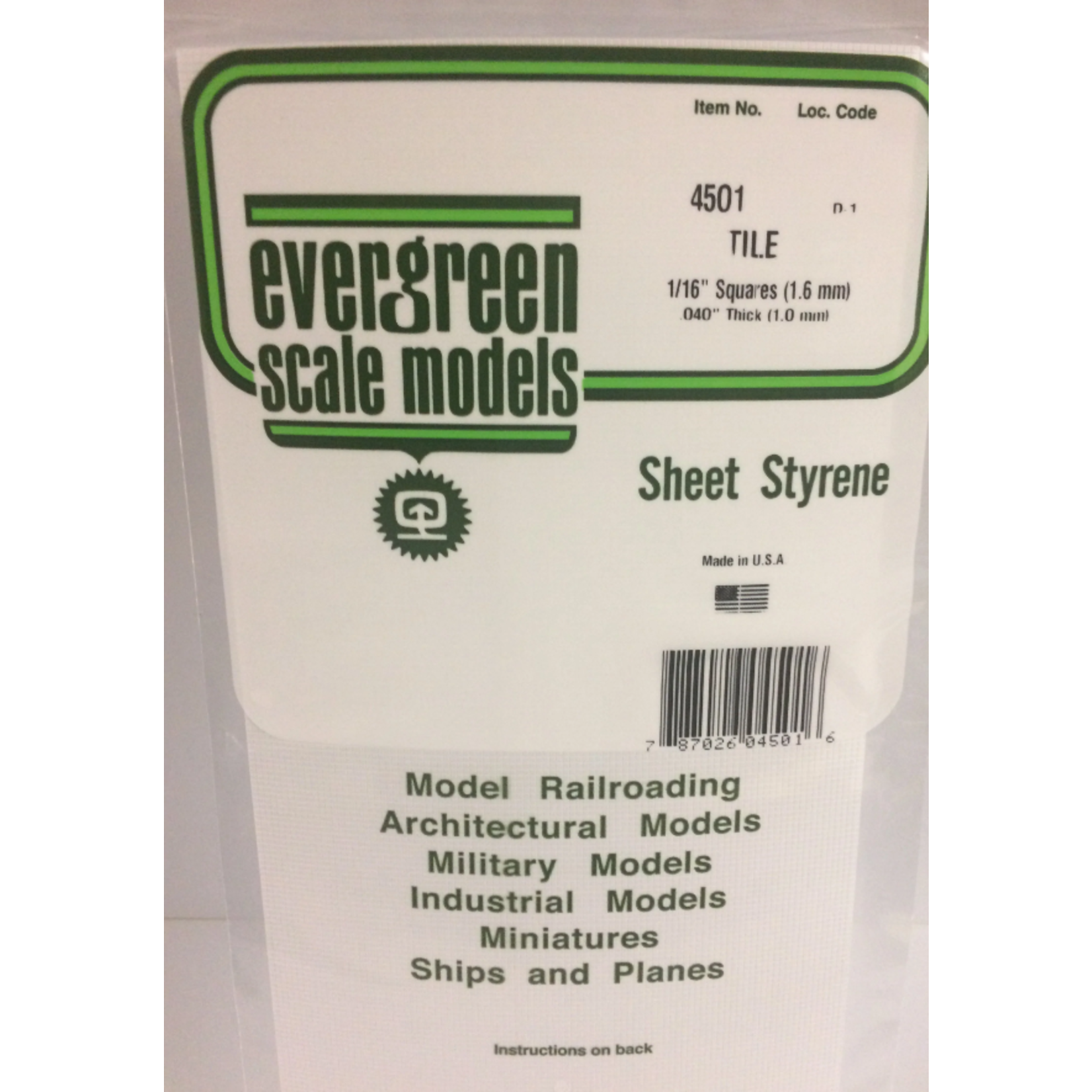 Evergreen Scale Models Evergreen 4501 - 1/16" X 1/16" X 6" X 12" OPAQUE WHITE POLYSTYRENE SQUARE TILE (1) SHEET