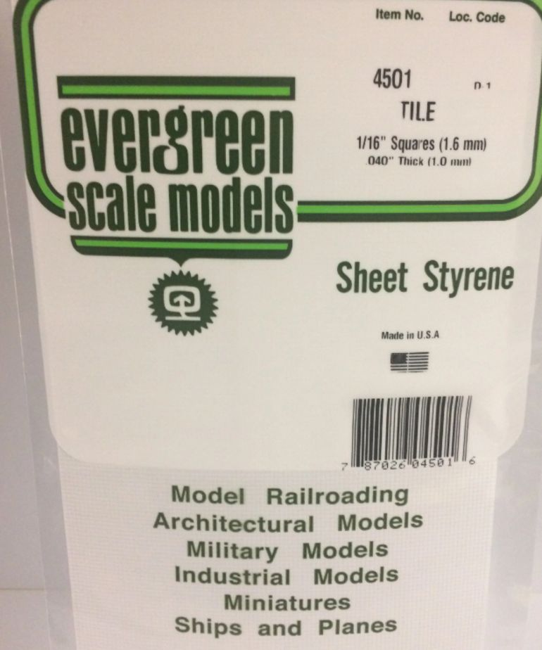 Evergreen Scale Models Evergreen 4501 - 1/16" X 1/16" X 6" X 12" OPAQUE WHITE POLYSTYRENE SQUARE TILE (1) SHEET
