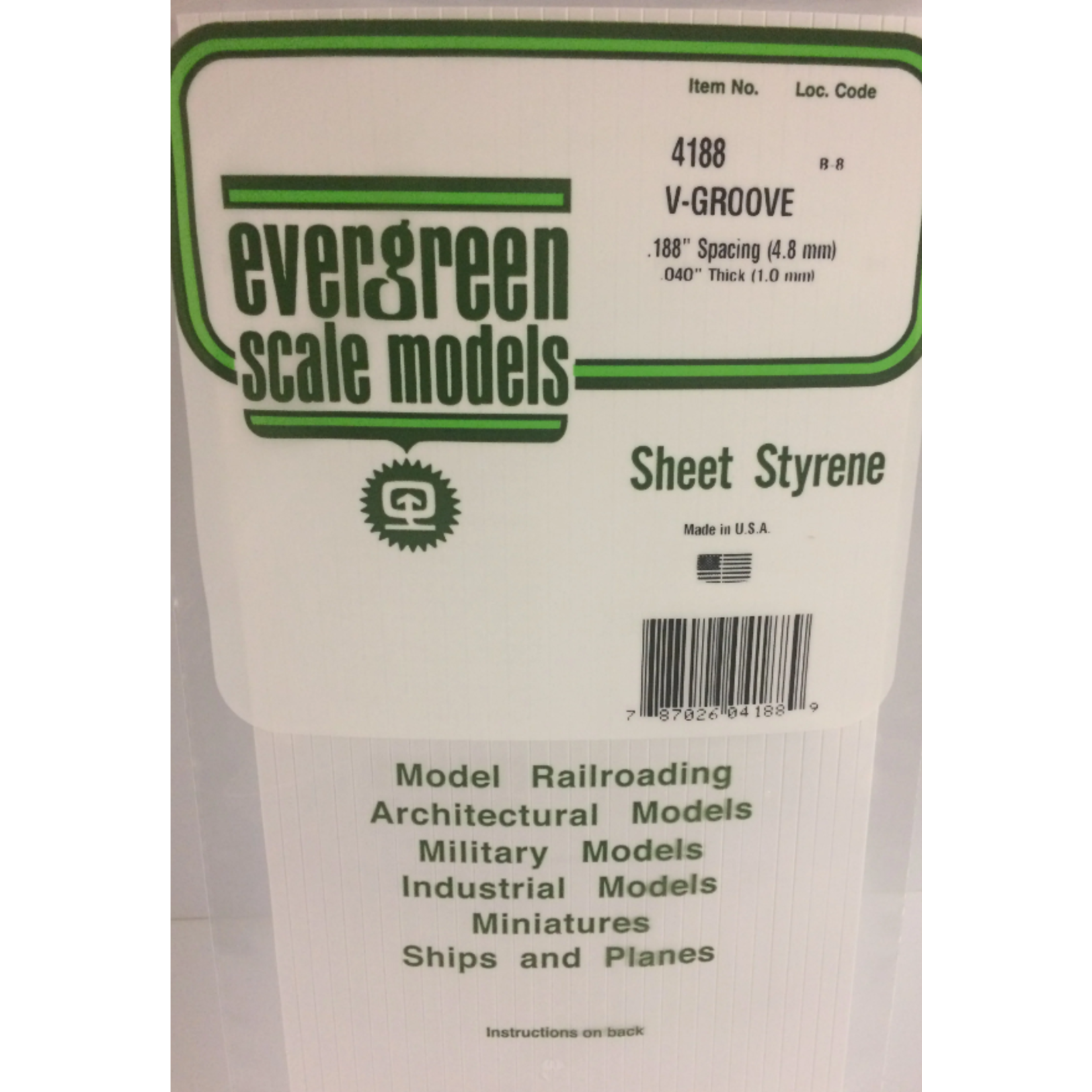 Evergreen Scale Models Evergreen 4188 - .188" X 6" X 12" OPAQUE WHITE POLYSTYRENE V GROOVE SIDING (1) SHEET