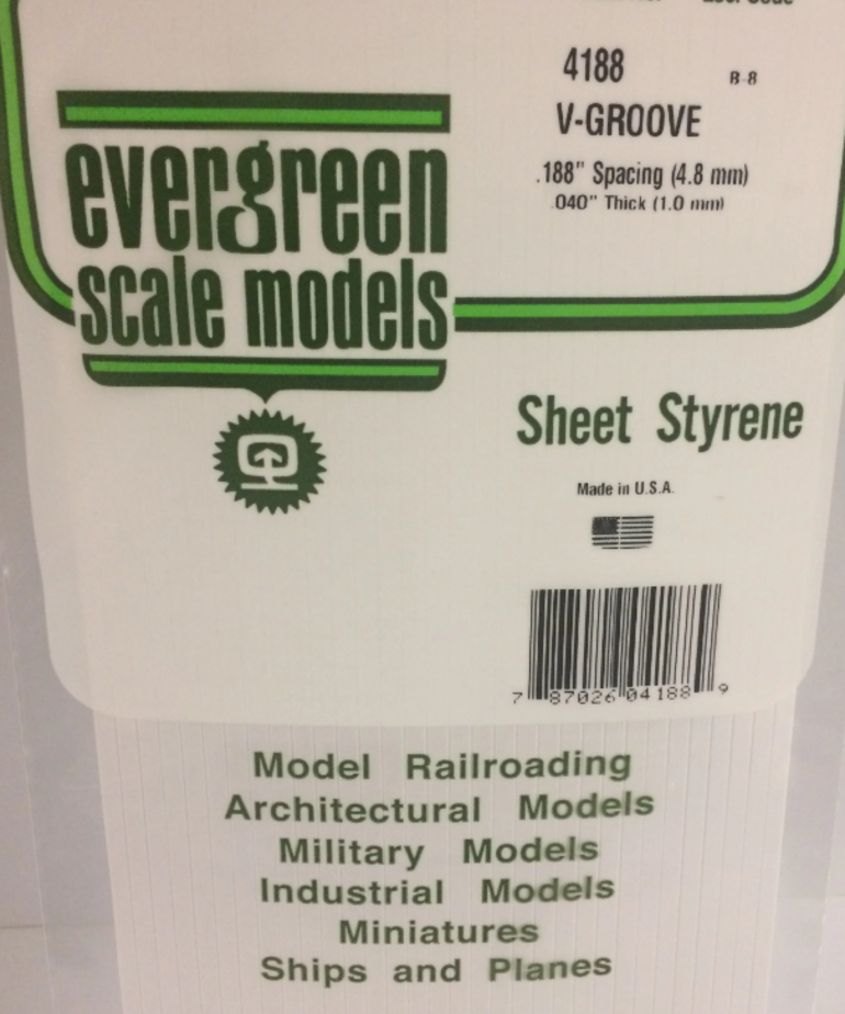Evergreen Scale Models Evergreen 4188 - .188" X 6" X 12" OPAQUE WHITE POLYSTYRENE V GROOVE SIDING (1) SHEET