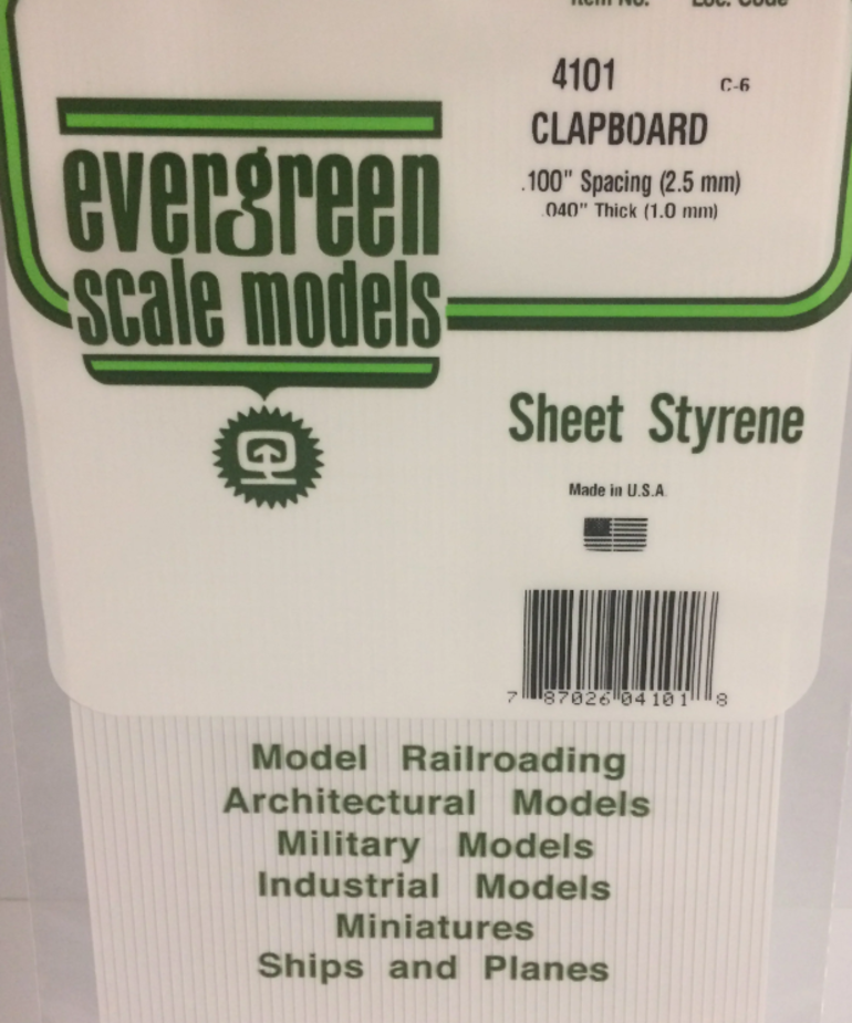 Evergreen Scale Models Evergreen 4101 - .100" X 6" X 12" OPAQUE WHITE POLYSTYRENE CLAPBOARD SIDING (1) SHEET