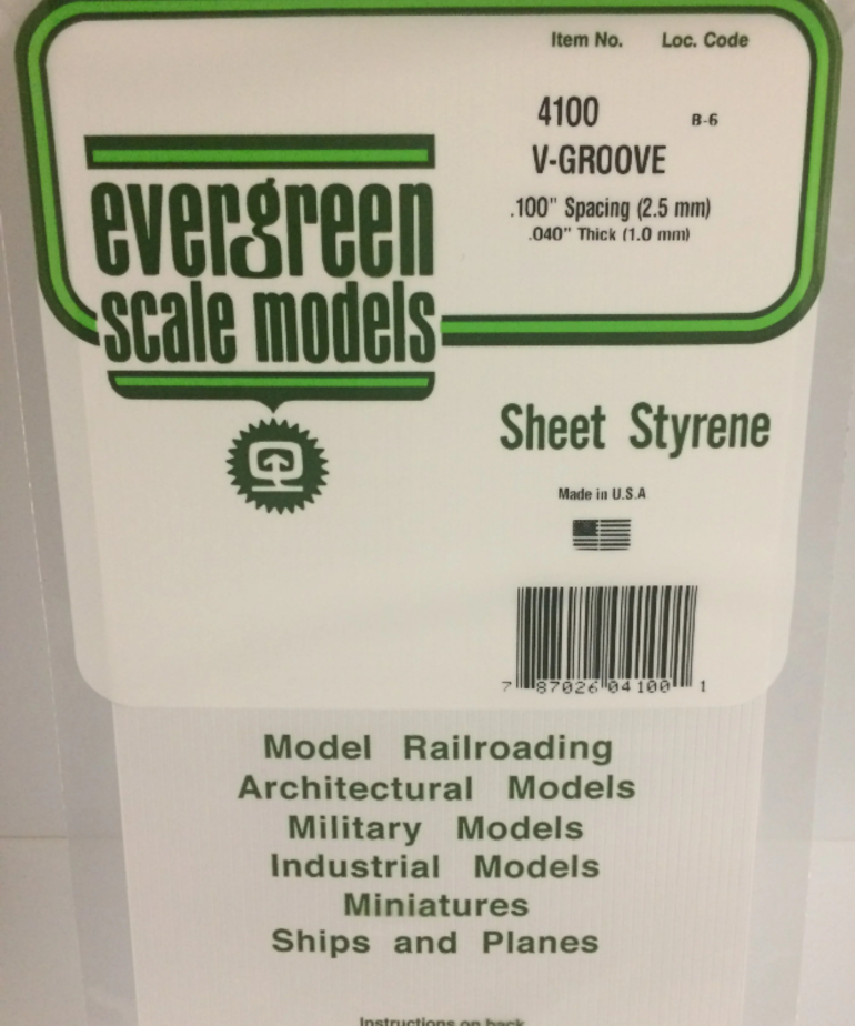 Evergreen Scale Models Evergreen 4100 - .100" X 6" X 12" OPAQUE WHITE POLYSTYRENE V GROOVE SIDING (1) SHEET