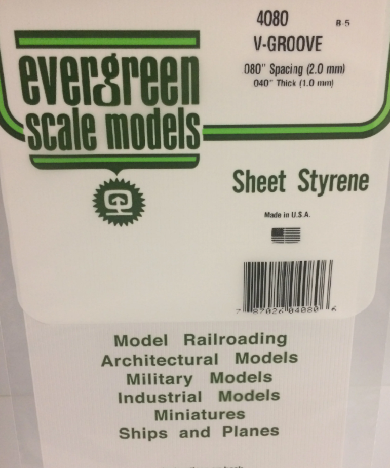 Evergreen Scale Models Evergreen 4080 - .080" X 6" X 12" OPAQUE WHITE POLYSTYRENE V GROOVE SIDING (1) SHEET
