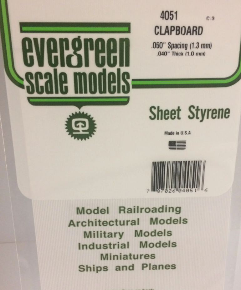 Evergreen Scale Models Evergreen 4051 - .050" X 6" X 12" OPAQUE WHITE POLYSTYRENE CLAPBOARD SIDING (1) SHEET