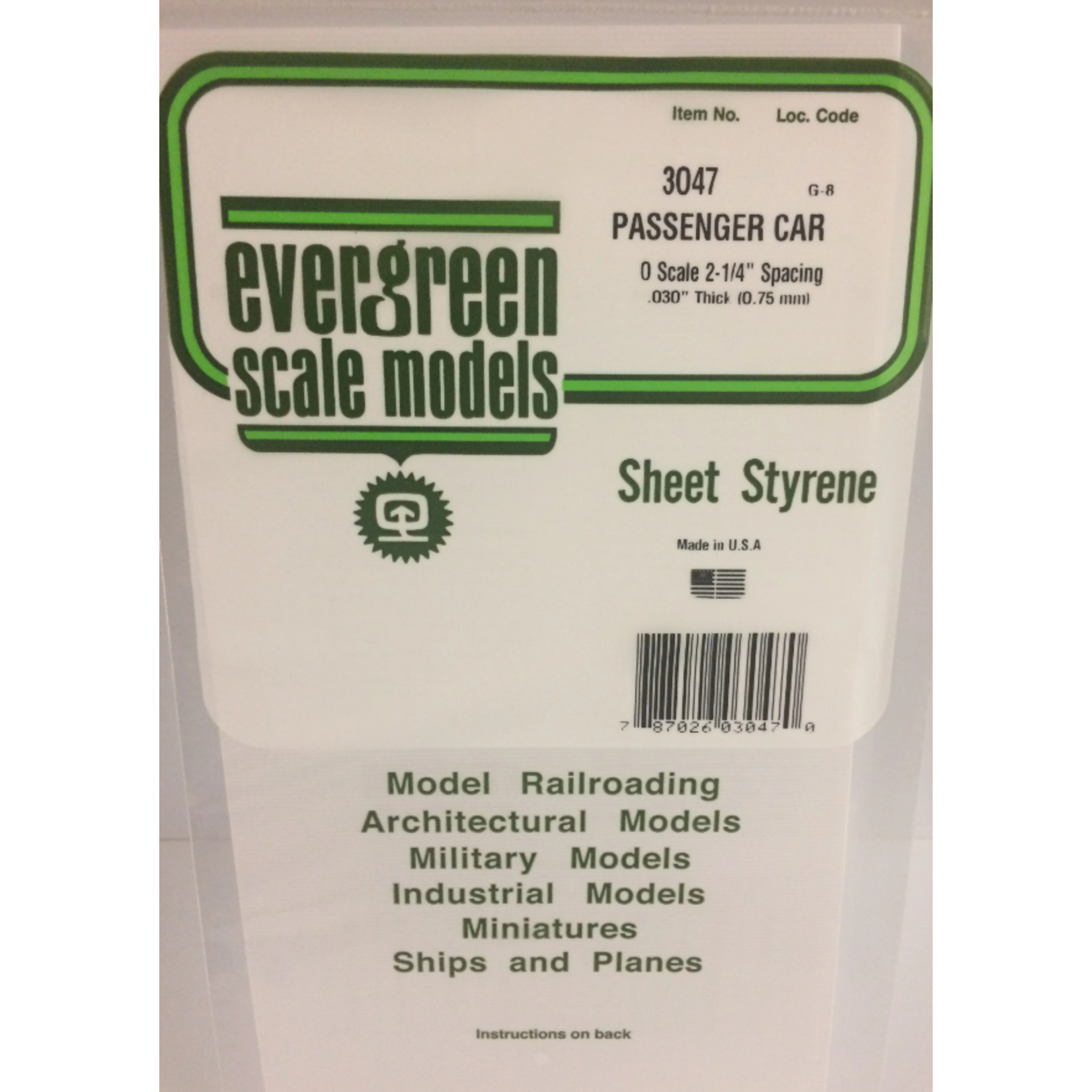 Evergreen Scale Models Evergreen 3047 - .047" X 6" X 12" OPAQUE WHITE POLYSTYRENE PASSENGER CAR SIDING (1) SHEET
