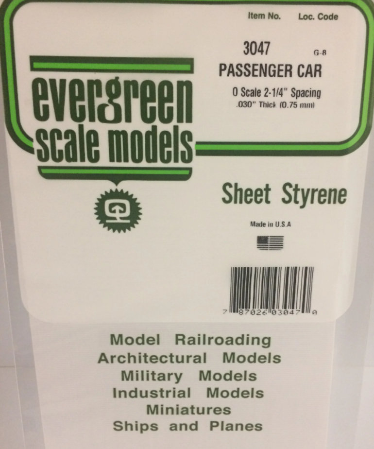 Evergreen Scale Models Evergreen 3047 - .047" X 6" X 12" OPAQUE WHITE POLYSTYRENE PASSENGER CAR SIDING (1) SHEET