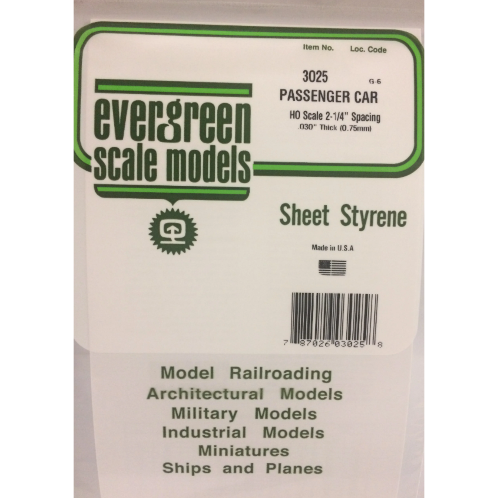 Evergreen Scale Models Evergreen 3025 - .025" X 6" X 12" OPAQUE WHITE POLYSTYRENE PASSENGER CAR SIDING (1) SHEET