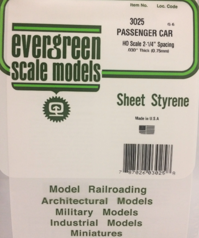Evergreen Scale Models Evergreen 3025 - .025" X 6" X 12" OPAQUE WHITE POLYSTYRENE PASSENGER CAR SIDING (1) SHEET
