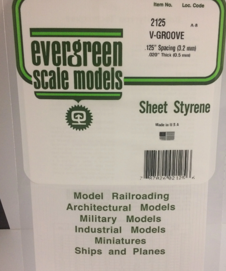 Evergreen Scale Models Evergreen 2125 - .125" X 6" X 12" OPAQUE WHITE POLYSTYRENE V GROOVE SIDING (1) SHEET