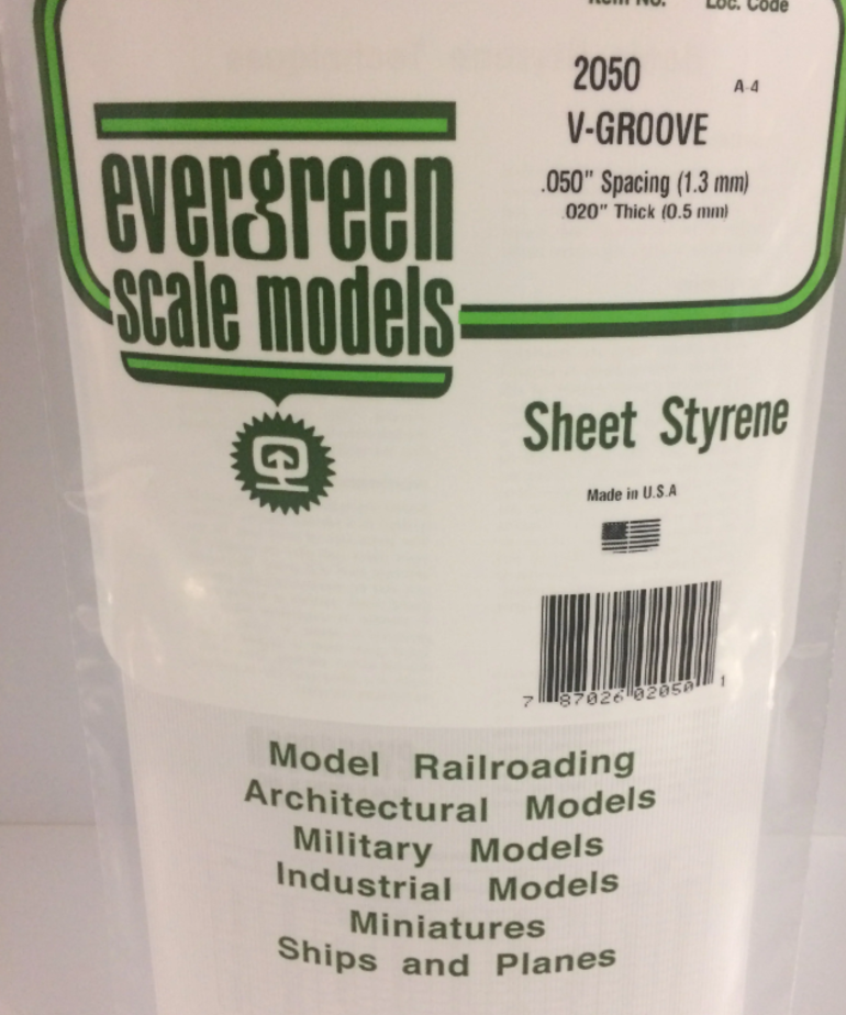 Evergreen Scale Models Evergreen 2050 - .050" X 6" X 12" OPAQUE WHITE POLYSTYRENE V GROOVE SIDING (1) SHEET