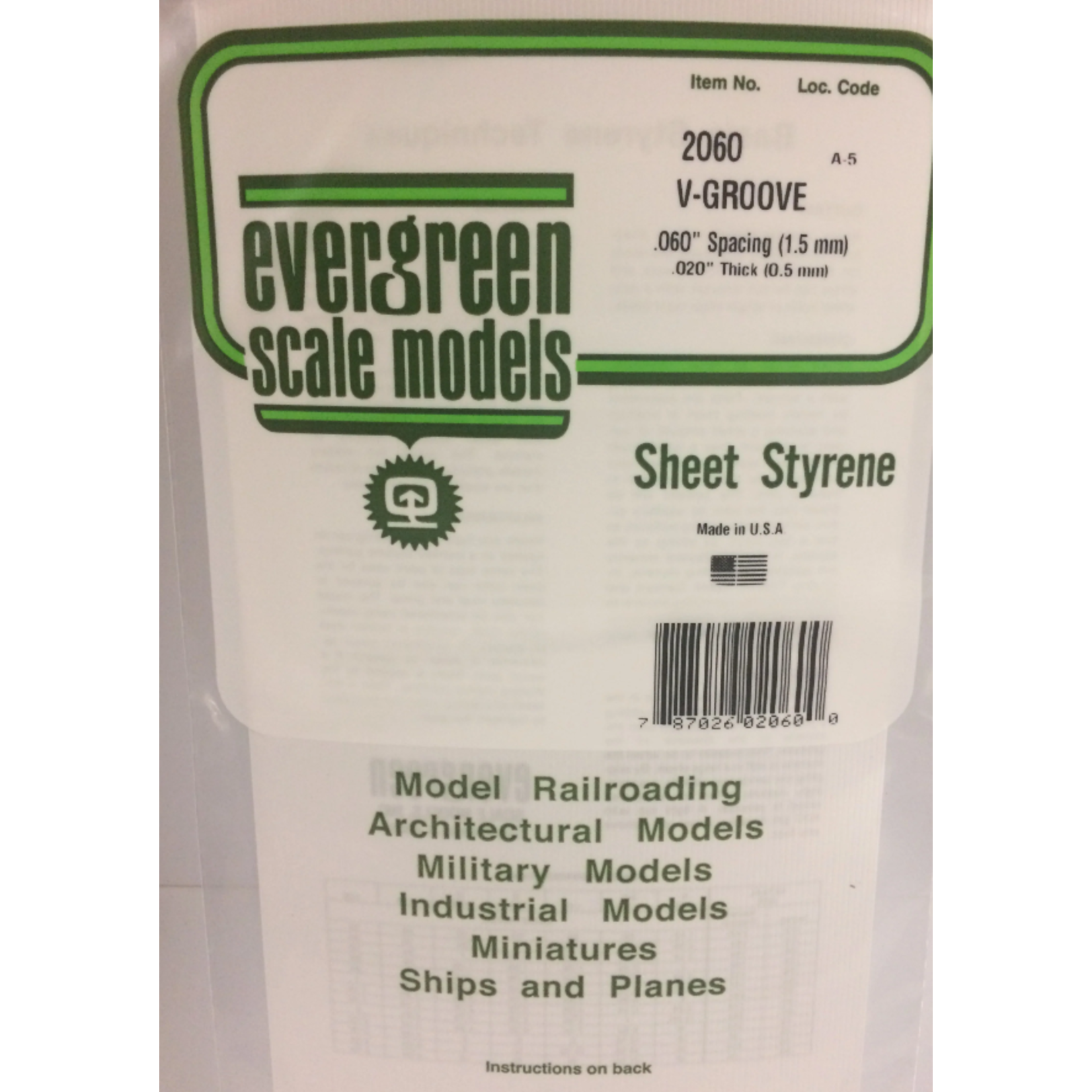 Evergreen Scale Models Evergreen 2060 - .060" X 6" X 12" OPAQUE WHITE POLYSTYRENE V GROOVE SIDING (1) SHEET