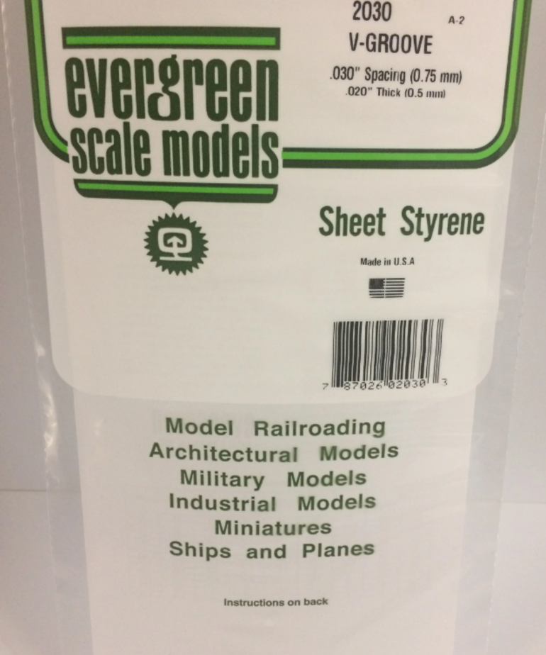 Evergreen Scale Models Evergreen 2030 - .030" X 6" X 12" OPAQUE WHITE POLYSTYRENE V GROOVE SIDING (1) SHEET