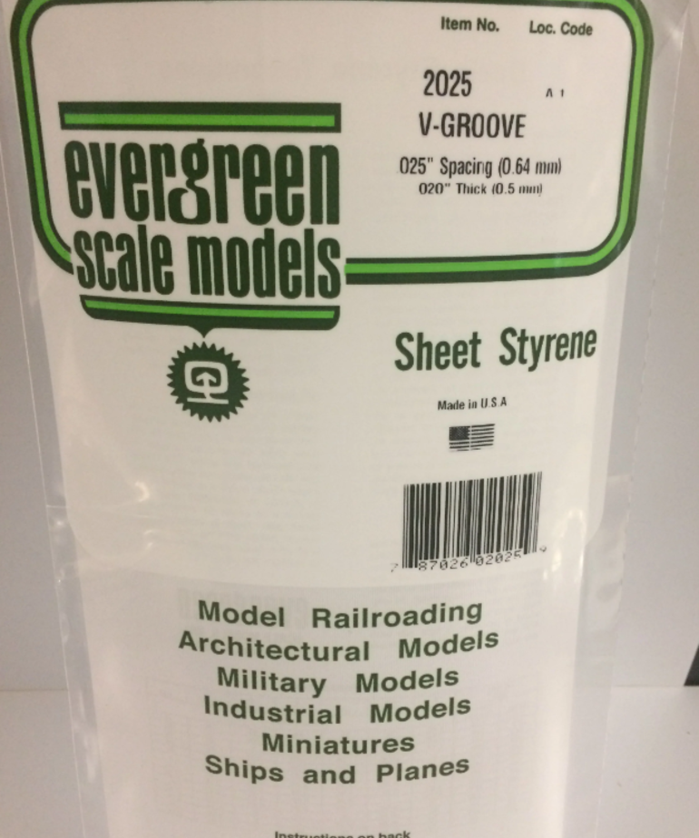 Evergreen Scale Models Evergreen 2025 - .025" X 6" X 12" OPAQUE WHITE POLYSTYRENE V GROOVE SIDING (1) SHEET