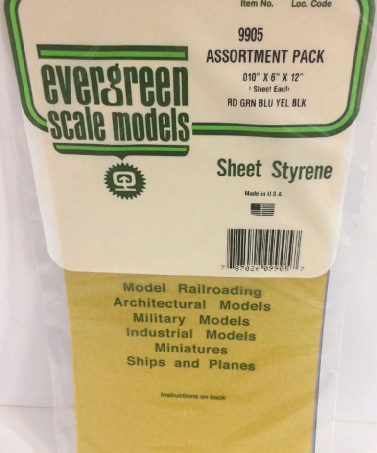 Evergreen Scale Models Evergreen 9905 - .010" X 6" X 12" COMBO TRANSPARENT POLYSTYRENE (5) SHEETS RED, GREEN, BLUE, YELLOW, BLACK
