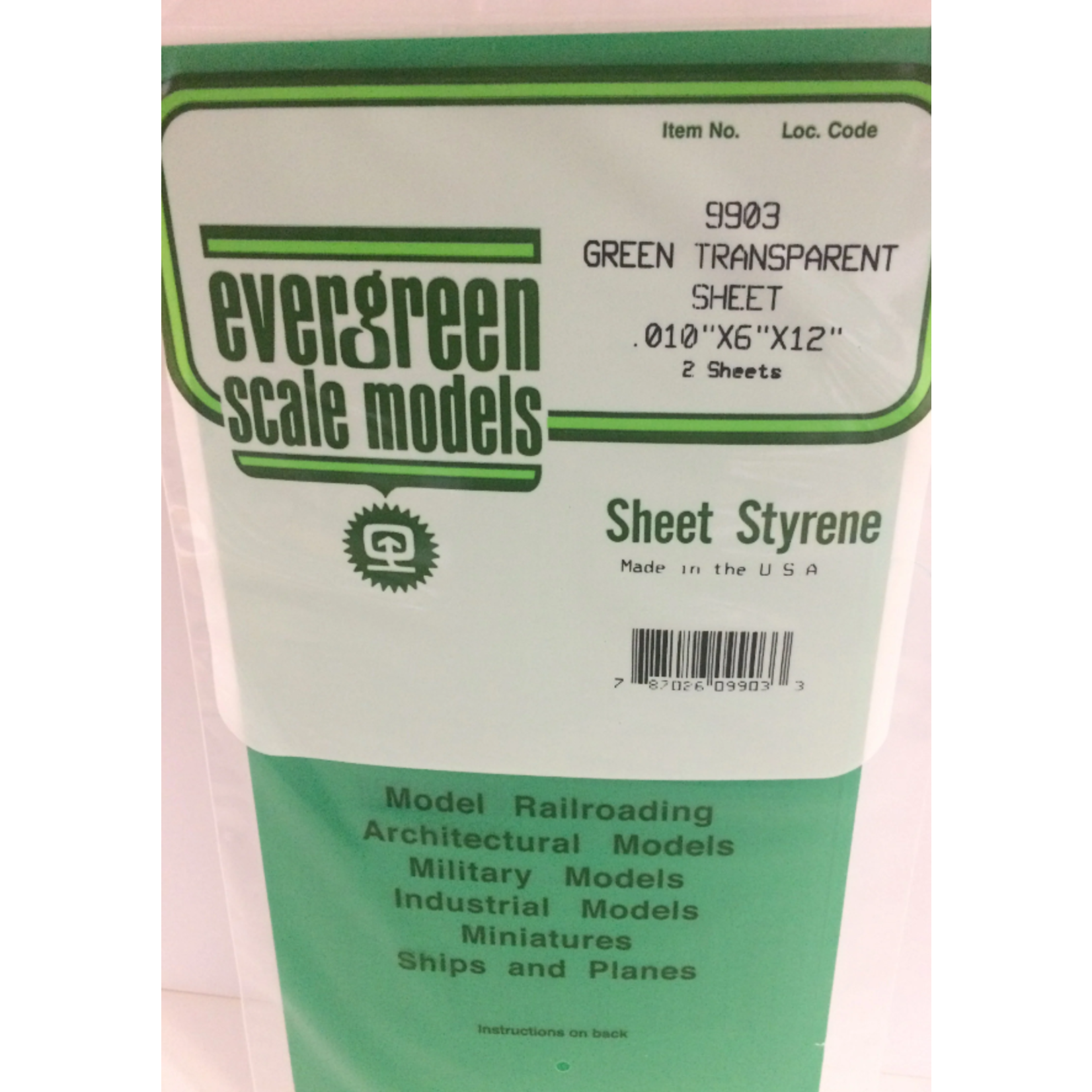Evergreen Scale Models Evergreen 9903 - .010" X 6" X 12" GREEN TRANSPARENT POLYSTYRENE (2) SHEETS