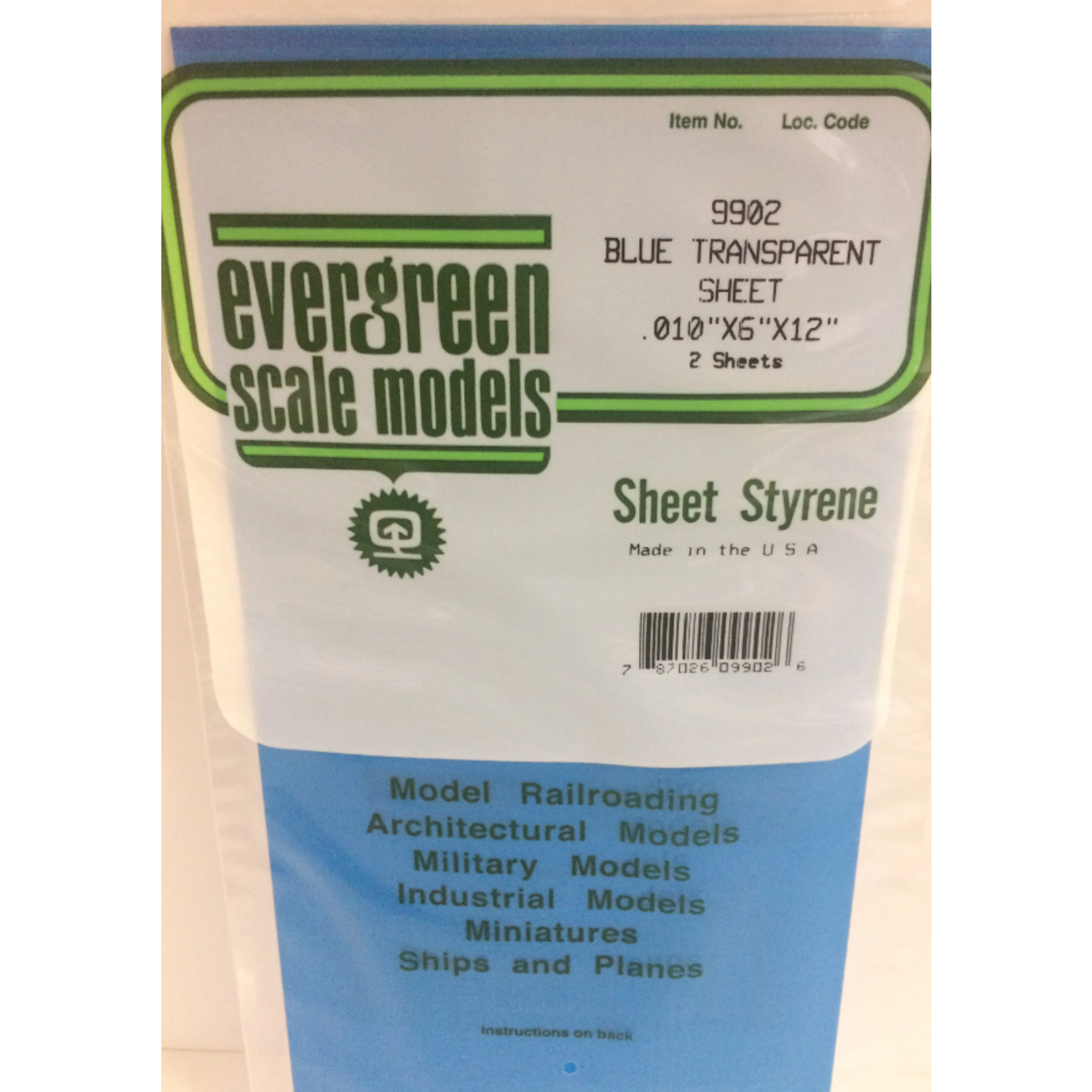 Evergreen Scale Models Evergreen 9902 - .010" X 6" X 12" BLUE TRANSPARENT POLYSTYRENE (2) SHEETS