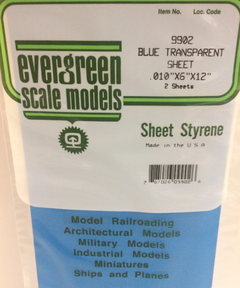 Evergreen Scale Models Evergreen 9902 - .010" X 6" X 12" BLUE TRANSPARENT POLYSTYRENE (2) SHEETS