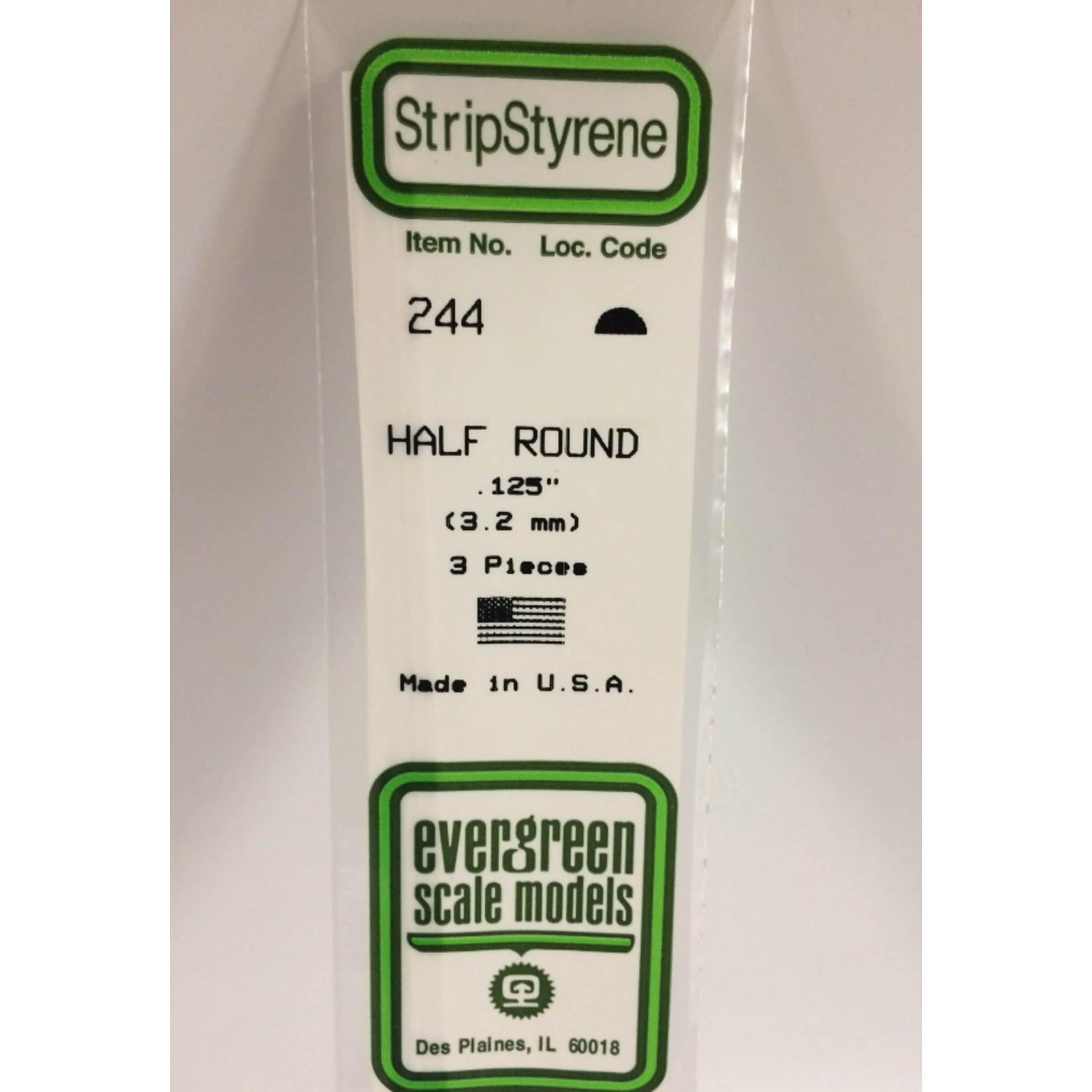Evergreen Scale Models Evergreen 244 - .125" (3.2MM) X 14" OPAQUE WHITE POLYSTYRENE HALF ROUND (3) Pack