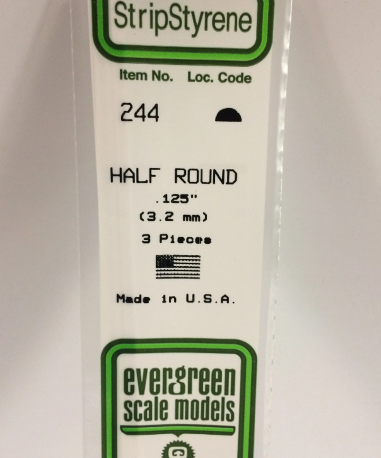 Evergreen Scale Models Evergreen 244 - .125" (3.2MM) X 14" OPAQUE WHITE POLYSTYRENE HALF ROUND (3) Pack