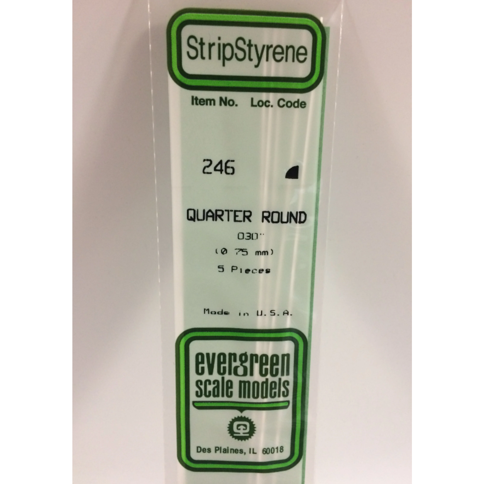 Evergreen Scale Models Evergreen 246 - .030" (.75MM) X 14" OPAQUE WHITE POLYSTYRENE QUARTER ROUND (5) Pack
