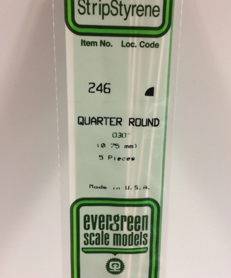 Evergreen Scale Models Evergreen 246 - .030" (.75MM) X 14" OPAQUE WHITE POLYSTYRENE QUARTER ROUND (5) Pack