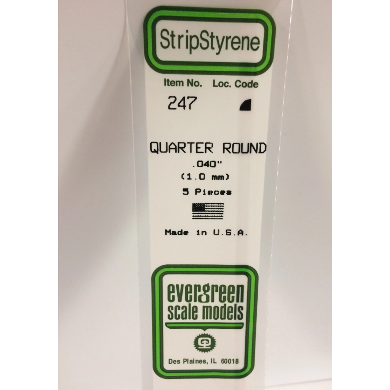 Evergreen Scale Models Evergreen 247 - .040" (1.0MM) X 14" OPAQUE WHITE POLYSTYRENE QUARTER ROUND (5) Pack