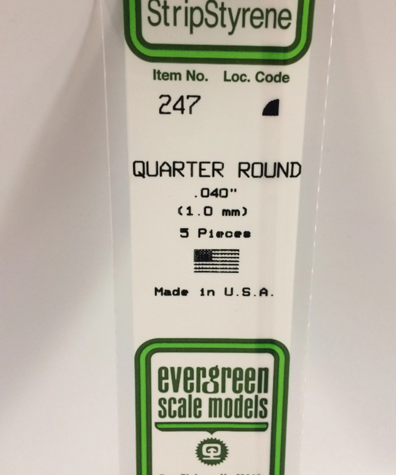 Evergreen Scale Models Evergreen 247 - .040" (1.0MM) X 14" OPAQUE WHITE POLYSTYRENE QUARTER ROUND (5) Pack